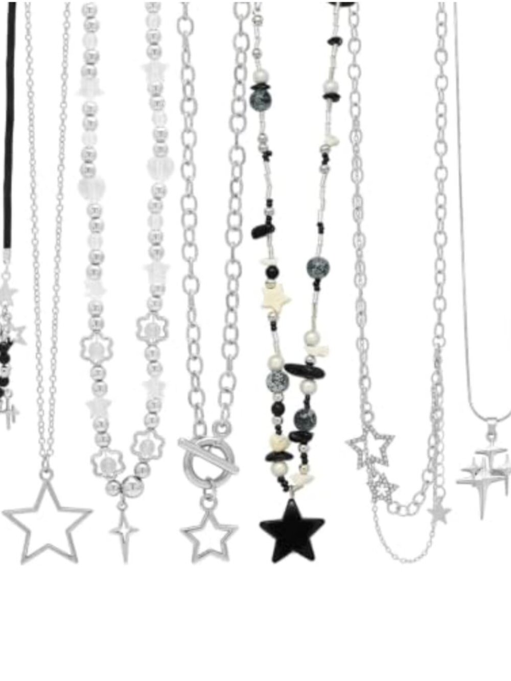 8 Pc Y2K Gothic Star Pendant Necklace Set Zinc Alloy Beaded Silver Chain Alt